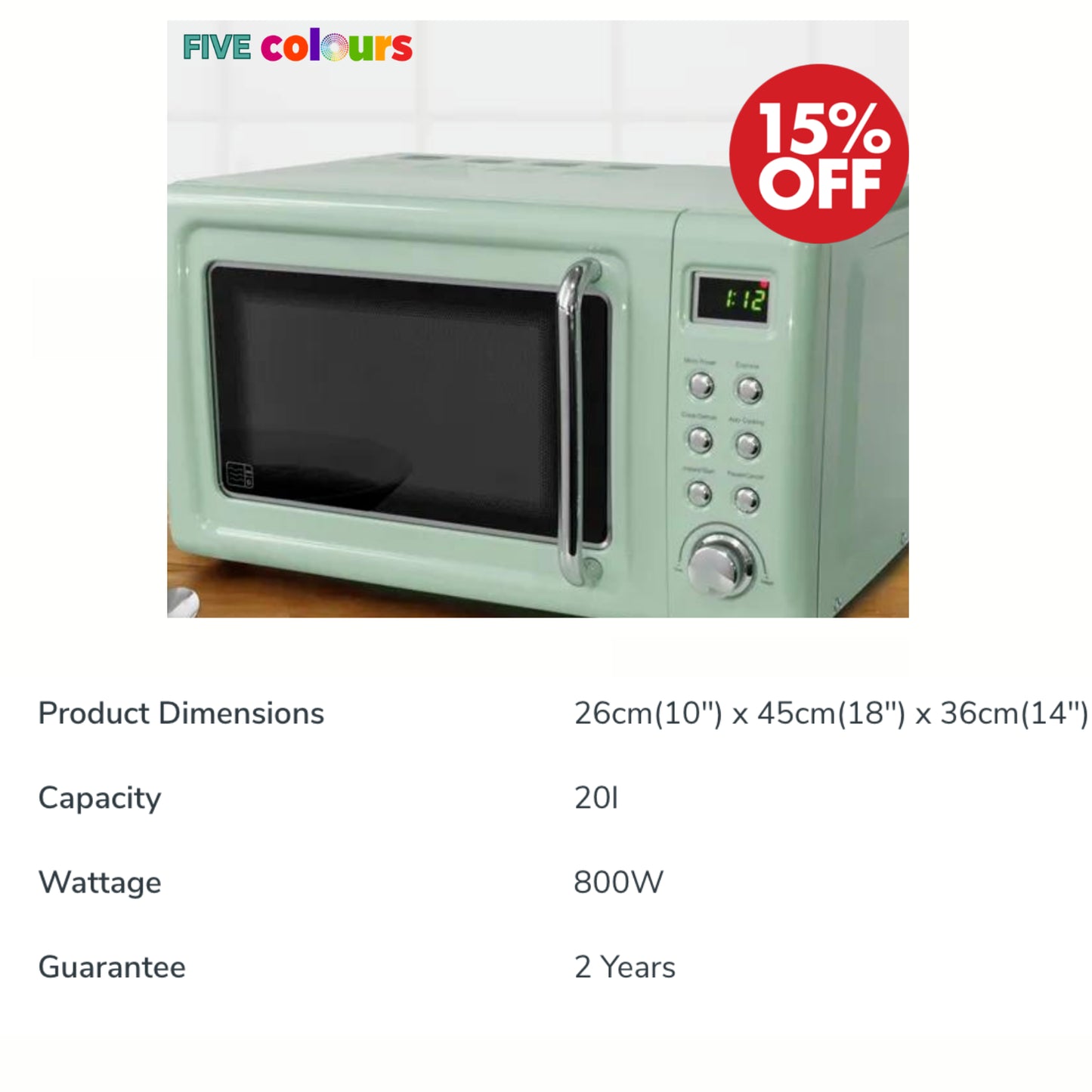 New Retro Style Digital Microwave 20 Litre 800W Kitchen Oven Appliances 5 Colors