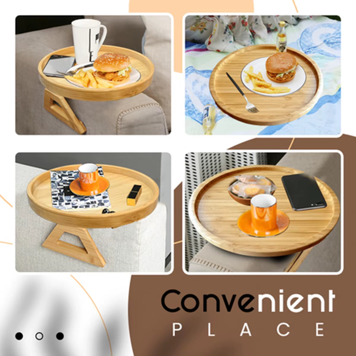 Natural Pine Wood Sofa Side Tables round Portable and Foldable Sofa Armrest Clip-On Tray Waterproof Sofa Couch Arm Rest Organize