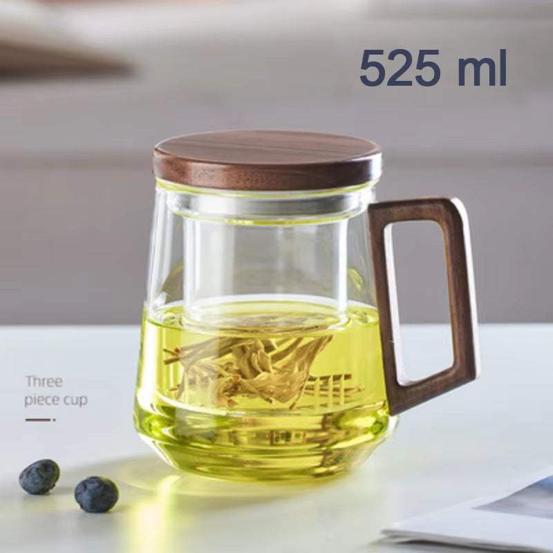 High Borosilicate Glass Cup with Wooden Handle, Transparent Tea Cup, Water Separation, Brewing Tea Cup, Smoke Gray, Luxury