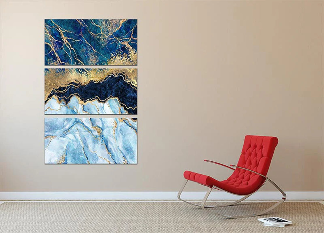 Blue and Gold Layered Marble 3 Split Panel Canvas Print