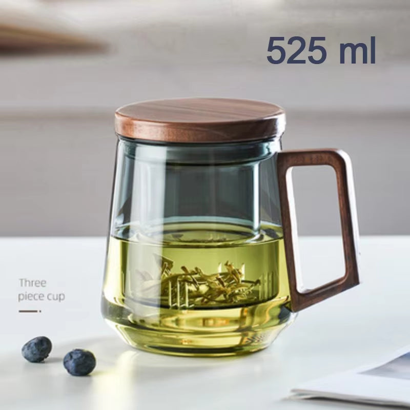 High Borosilicate Glass Cup with Wooden Handle, Transparent Tea Cup, Water Separation, Brewing Tea Cup, Smoke Gray, Luxury