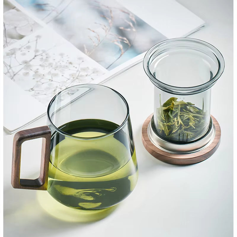 High Borosilicate Glass Cup with Wooden Handle, Transparent Tea Cup, Water Separation, Brewing Tea Cup, Smoke Gray, Luxury