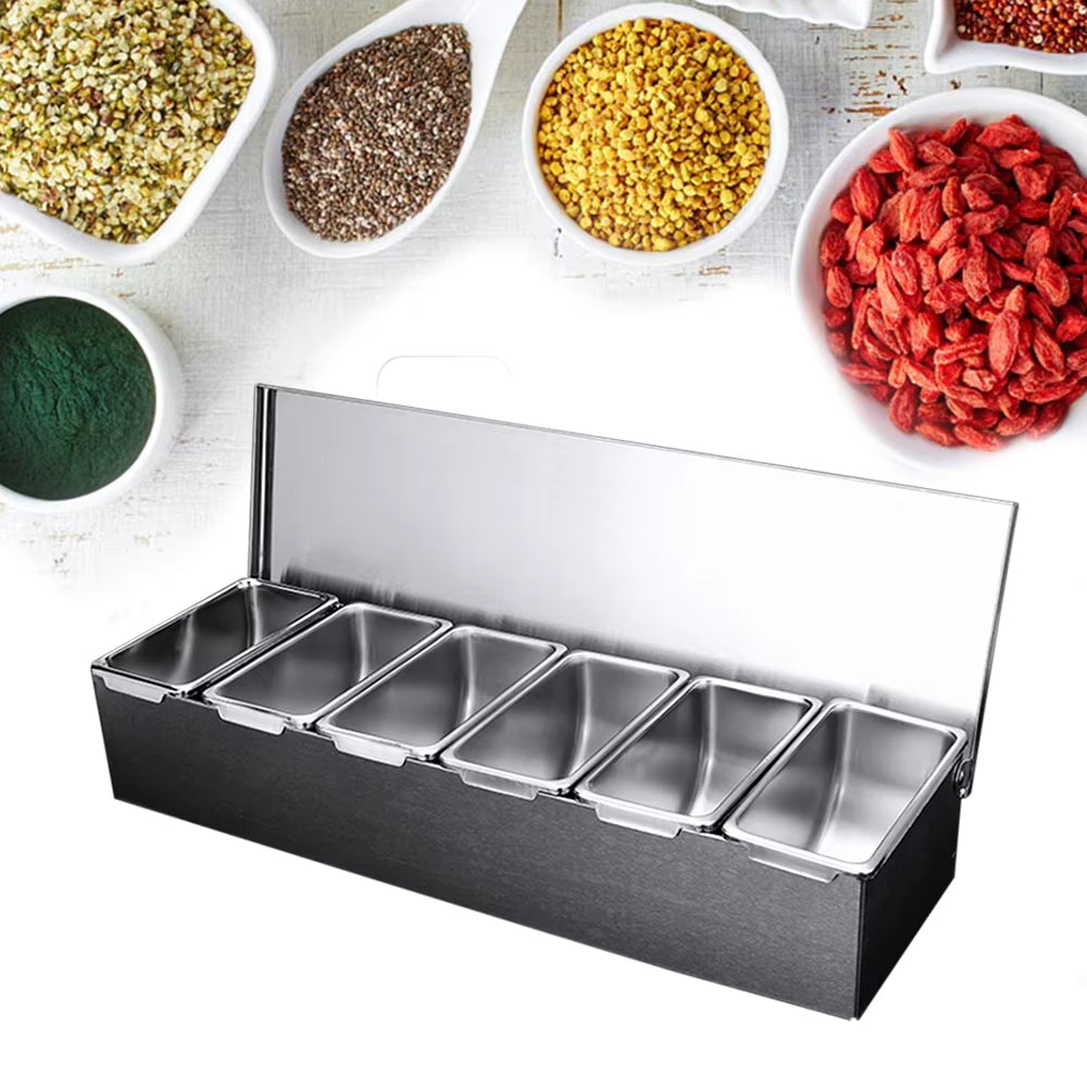 6-Grid Seasonings Boxes Stainless Steel Spice Container Ingredient Container Set with Lid for Kitchen Home