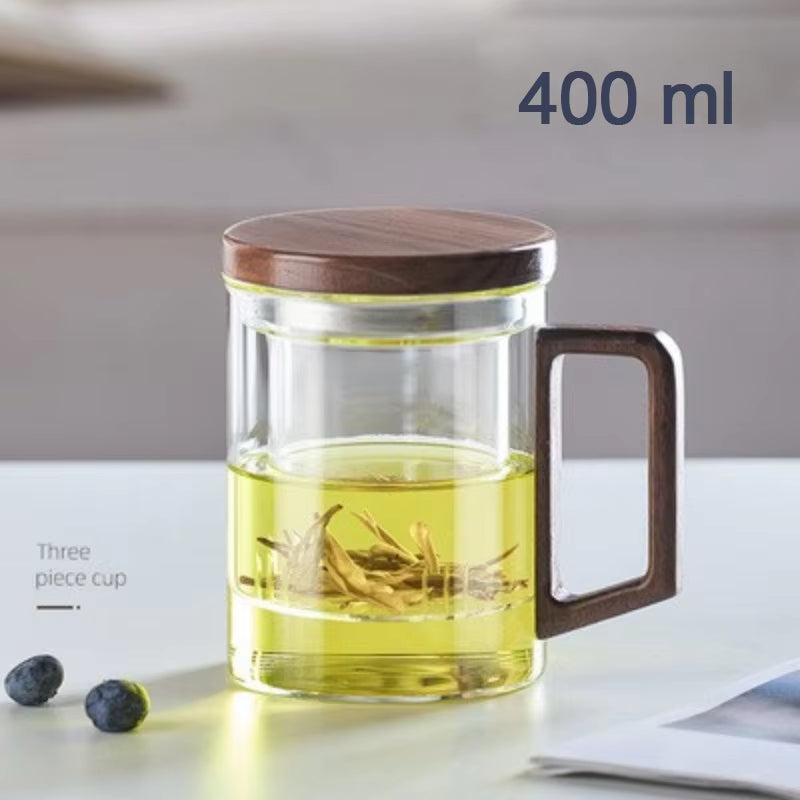 High Borosilicate Glass Cup with Wooden Handle, Transparent Tea Cup, Water Separation, Brewing Tea Cup, Smoke Gray, Luxury