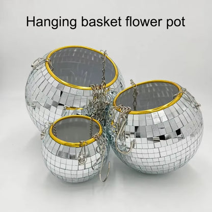 1PC Disco Ball Creative round Flowerpot Hanging Basket Plastic Glass Mirror Plant Planting Pot Succulent Slivery