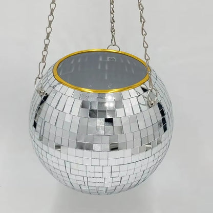 1PC Disco Ball Creative round Flowerpot Hanging Basket Plastic Glass Mirror Plant Planting Pot Succulent Slivery