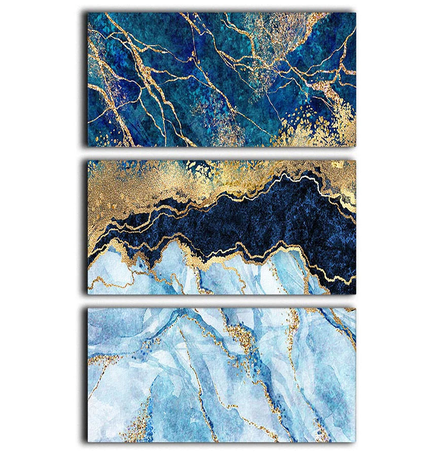 Blue and Gold Layered Marble 3 Split Panel Canvas Print