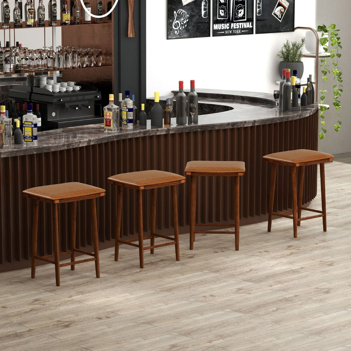 Set of 2 69Cm Dining Barstools with Footrest & Removable Cushion