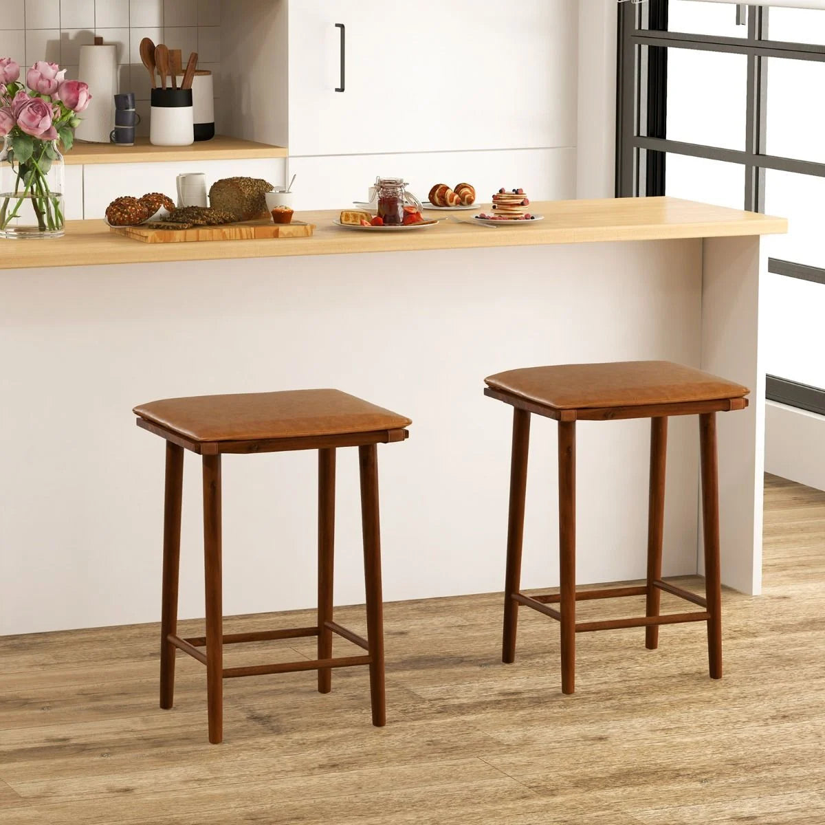 Set of 2 69Cm Dining Barstools with Footrest & Removable Cushion