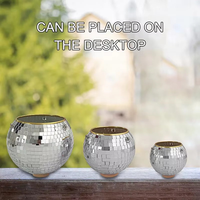 1PC Disco Ball Creative round Flowerpot Hanging Basket Plastic Glass Mirror Plant Planting Pot Succulent Slivery