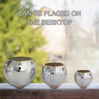 1PC Disco Ball Creative round Flowerpot Hanging Basket Plastic Glass Mirror Plant Planting Pot Succulent Slivery