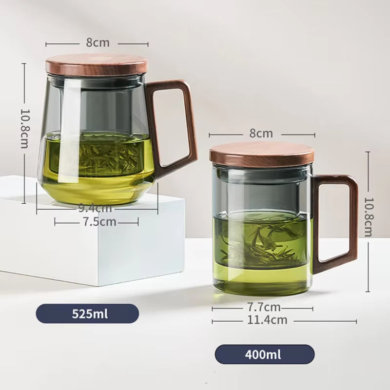 High Borosilicate Glass Cup with Wooden Handle, Transparent Tea Cup, Water Separation, Brewing Tea Cup, Smoke Gray, Luxury