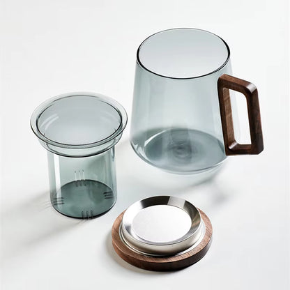 High Borosilicate Glass Cup with Wooden Handle, Transparent Tea Cup, Water Separation, Brewing Tea Cup, Smoke Gray, Luxury