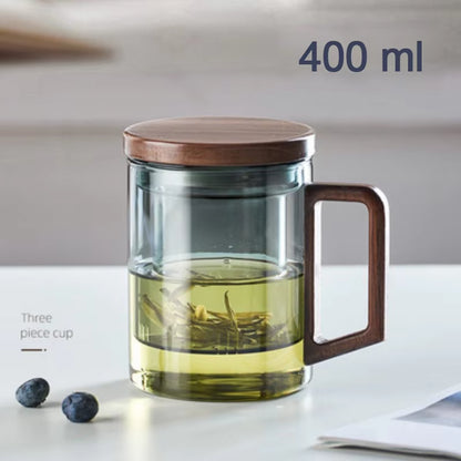 High Borosilicate Glass Cup with Wooden Handle, Transparent Tea Cup, Water Separation, Brewing Tea Cup, Smoke Gray, Luxury